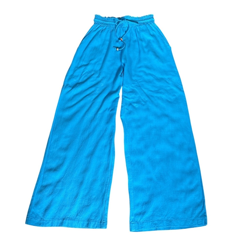 A.Peach Pool Blue Linen Blend Wide Leg Pants With Pockets, Small, Beach Resort